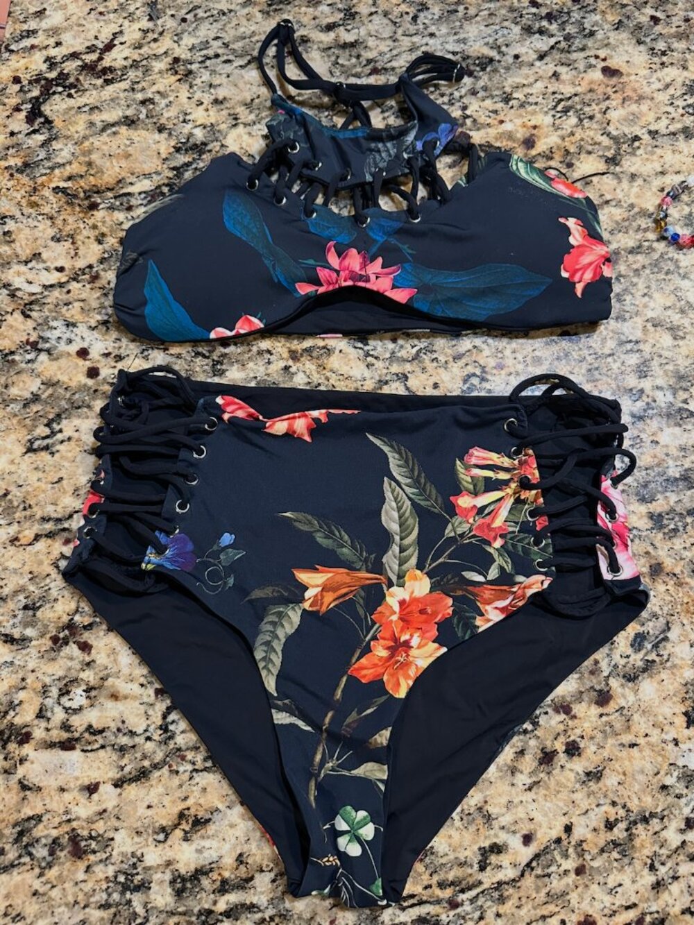 rue21 High Waisted Bikini Bottoms Black Tropical Floral Lace-Up Side Size S